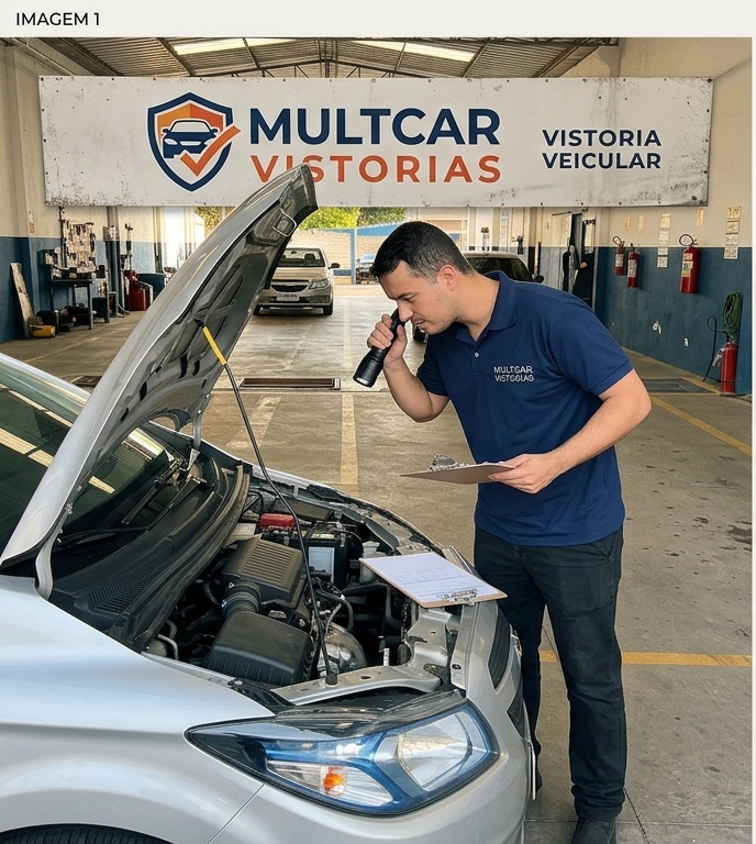 Vistoriador da Multcar inspecionando o motor de um veículo com lanterna e prancheta